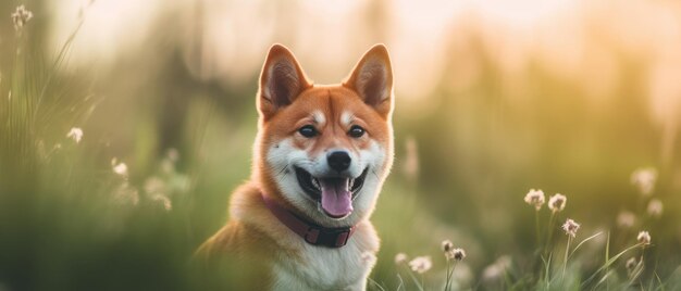 Ein Hund in einem Blumenfeld