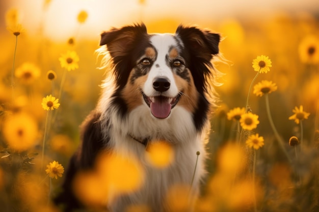 Ein Hund in einem Blumenfeld