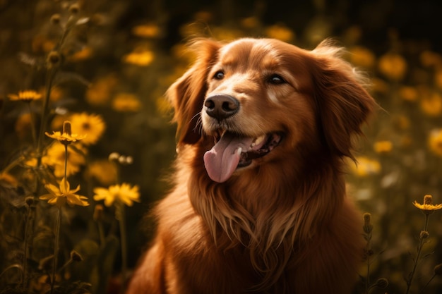 Ein Hund in einem Blumenfeld