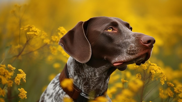 Ein Hund in einem Blumenfeld