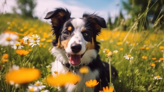 Ein Hund in einem Blumenfeld