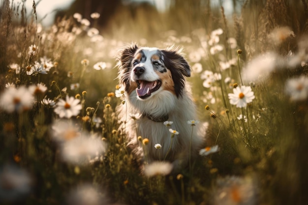 Ein Hund in einem Blumenfeld