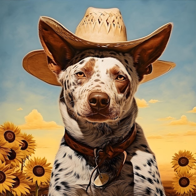 Foto ein hund in einem cowboyhut mit sonnenblumen im hintergrund des himmels ai generative