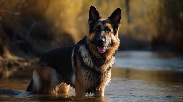 Ein Hund in einem Fluss mit braunem und schwarzem Fell im Gesicht