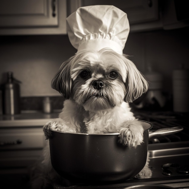 Foto ein hund in einem hut kocht