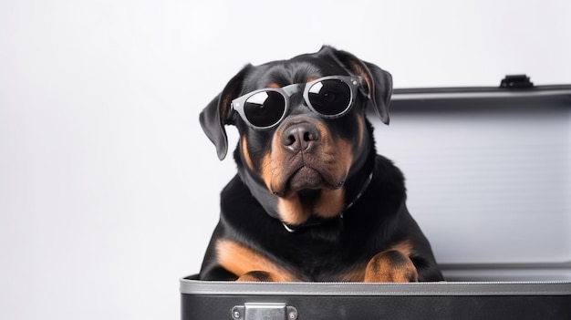 Ein Hund in einem Koffer mit Sonnenbrille darauf