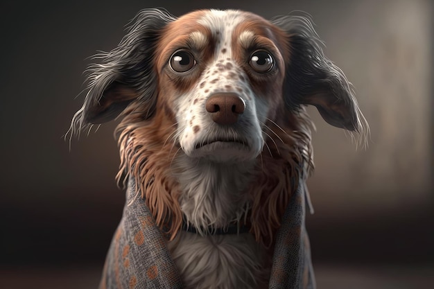 Ein Hund in einem Mantel mit einem Schal, auf dem "Hund" steht