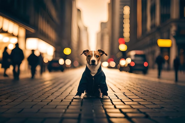 ein Hund in einem Mantel sitzt auf einer Kopfsteinpflasterstraße.