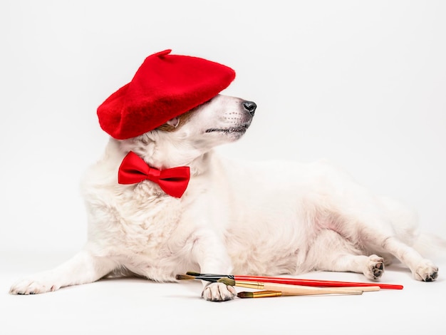 Ein Hund in einem roten Barett mit Quasten liegt auf einem weißen Hintergrund Konzept der Kreativität Kunst Künstler
