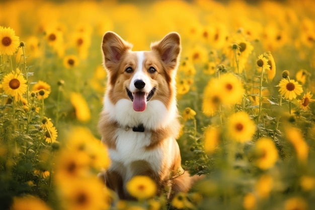 Ein Hund in einem Sonnenblumenfeld