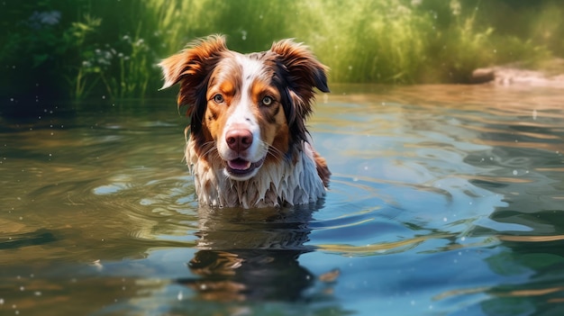 Ein Hund in einem Teich kühlt sich ab.