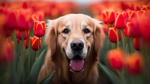 Ein Hund in einem Tulpenfeld