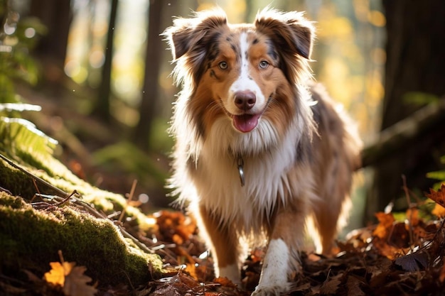 Ein Hund in einem Wald mit einem moosigen Baumstamm im Hintergrund.