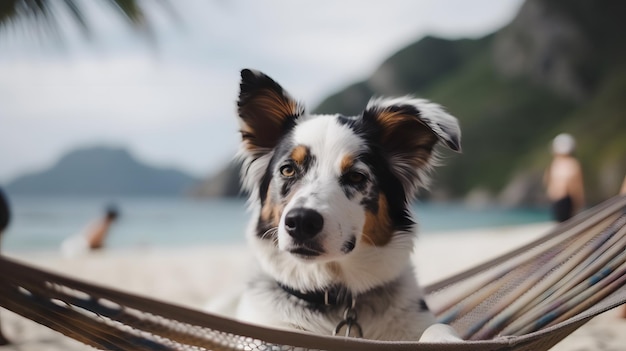 Ein Hund in einer Hängematte am Strand