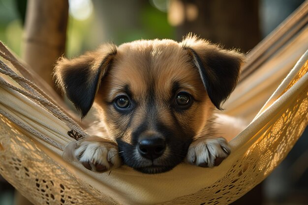 Ein Hund in einer Hängematte mit dem Wort "auf der Vorderseite".