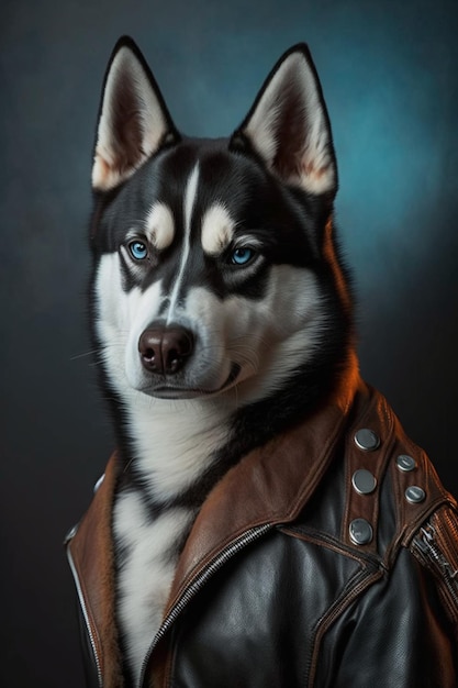 Ein Hund in einer Lederjacke mit blauen Augen