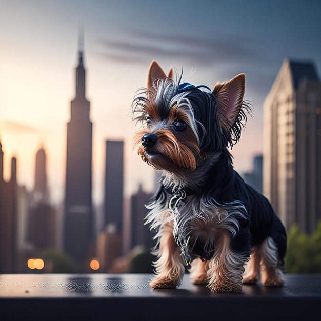 Ein Hund in einer schwarzen Jacke sitzt auf einem Felsvorsprung vor der Skyline der Stadt.