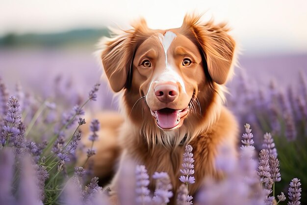 Ein Hund in Lavendelblüten