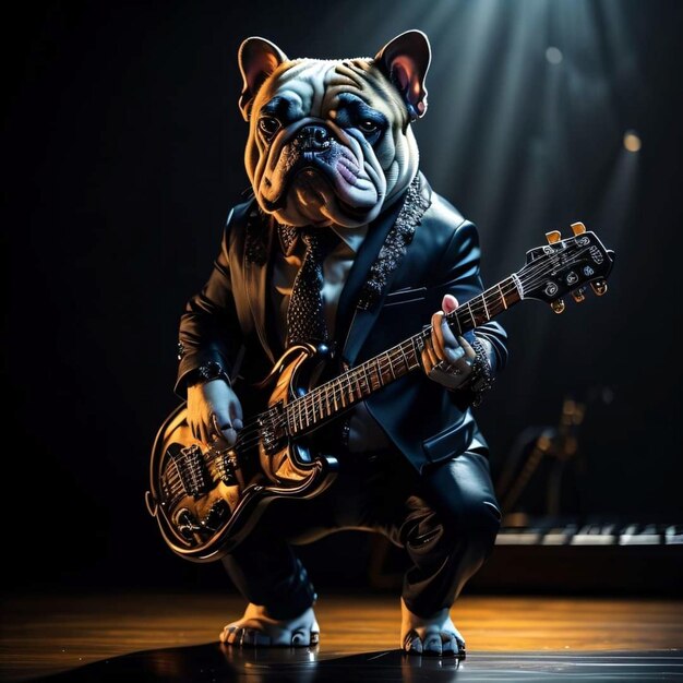 Ein Hund in Lederjacke spielt Gitarre.