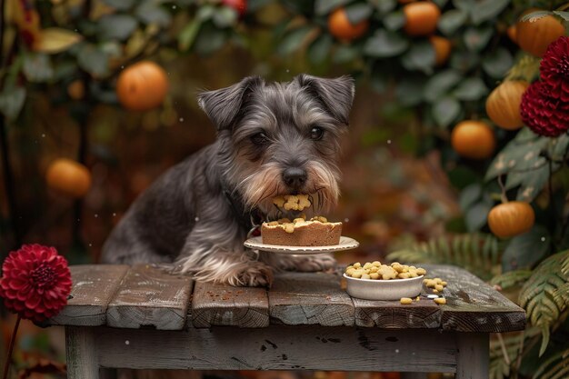 Ein Hund isst ein Stück Kuchen auf einem Holztisch