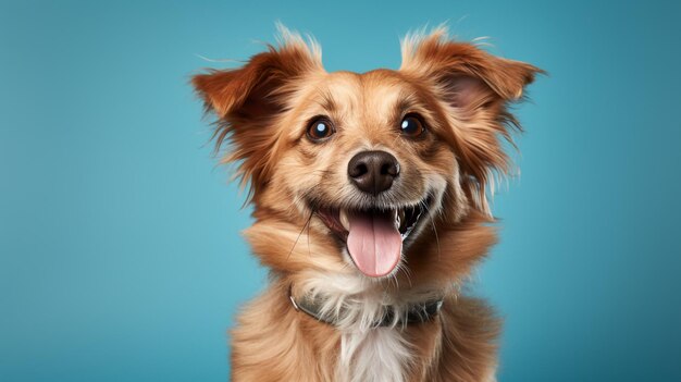 ein Hund lächelt auf einem blauen Hintergrund