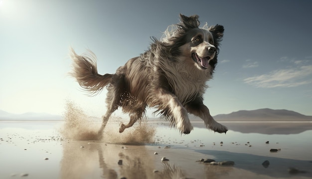 Ein Hund läuft am Strand mit dem Himmel im Hintergrund