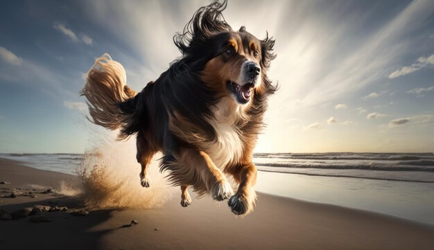 Ein Hund läuft am Strand mit der Sonne im Rücken