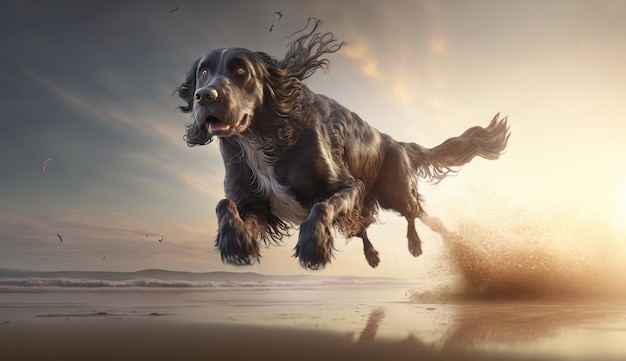 Ein Hund läuft am Strand mit einem bewölkten Himmel im Hintergrund