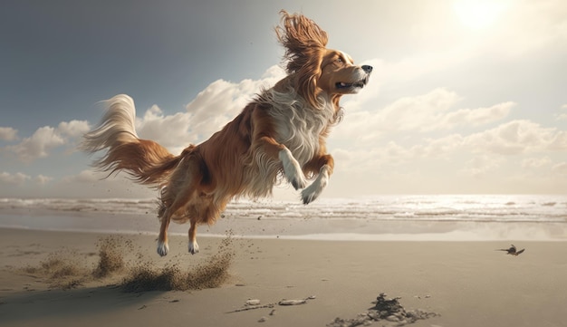 Ein Hund läuft am Strand vor einem bewölkten Himmel.