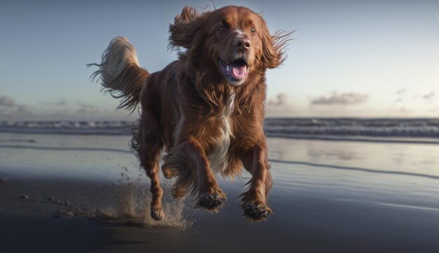 Ein Hund läuft am Strand vor einem Sonnenuntergang