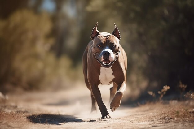 Ein Hund läuft auf einer unbefestigten Straße mit dem Wort Pitbull auf der Vorderseite.