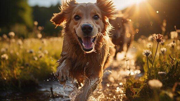 Foto ein hund läuft im gras mit der sonne hinter sich