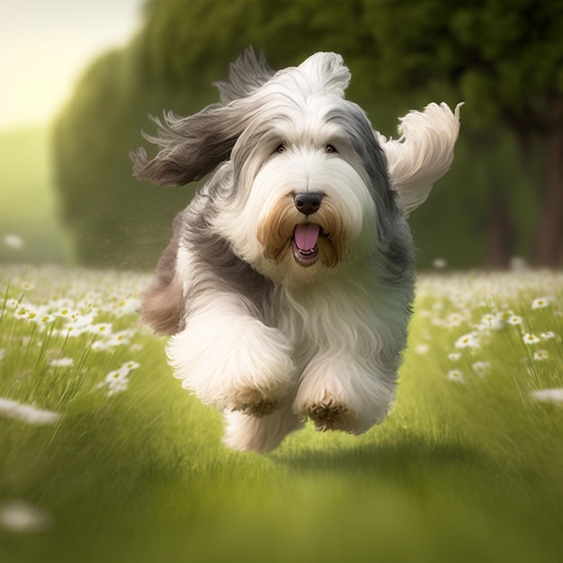 Ein Hund läuft in einem Blumenfeld mit dem Wort „Hündchen“ darauf.