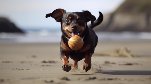 Ein Hund läuft mit einem Ball im Maul am Strand entlang.