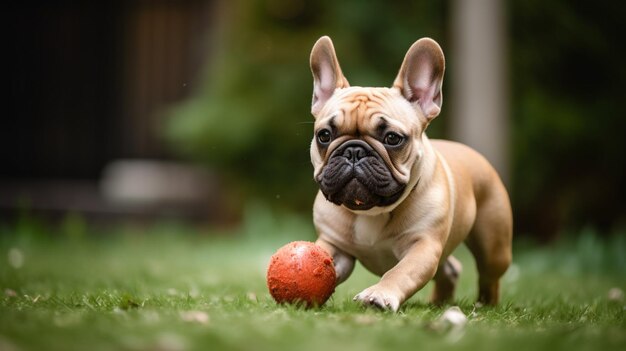 Ein Hund läuft mit einem roten Ball im Maul.