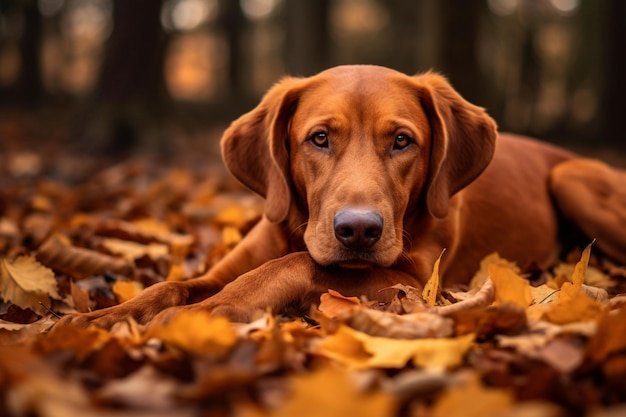 Ein Hund liegt auf Blättern im Wald