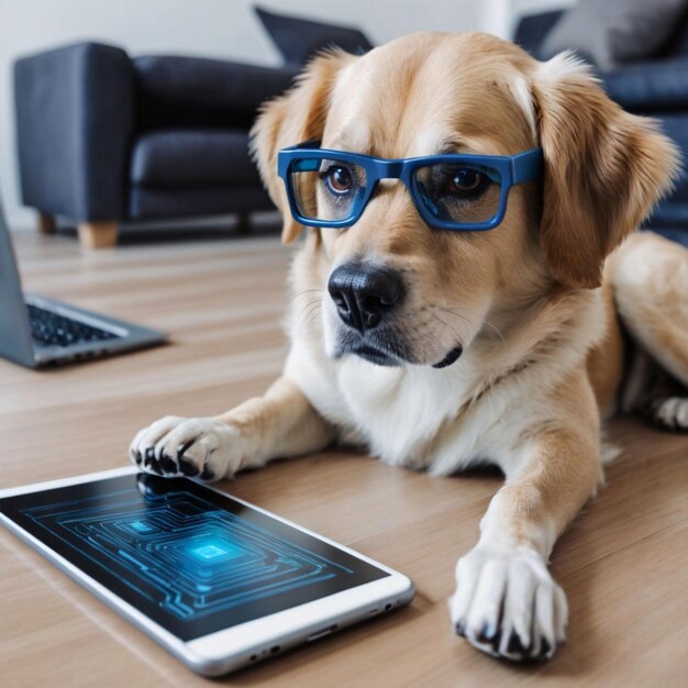 Foto ein hund liegt auf dem boden mit einer tablette und einer tablette