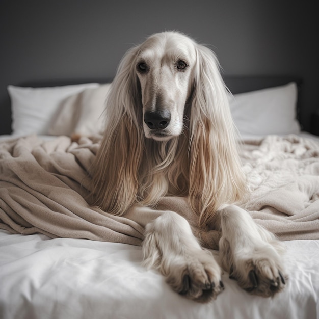 Ein Hund liegt auf einem Bett mit einer Decke, auf der steht: „Hunde sind nicht erlaubt.“