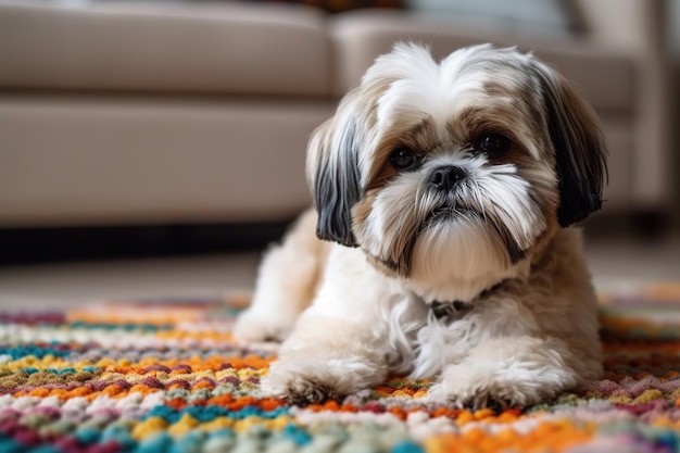 Ein Hund liegt auf einem bunten Teppich im Wohnzimmer