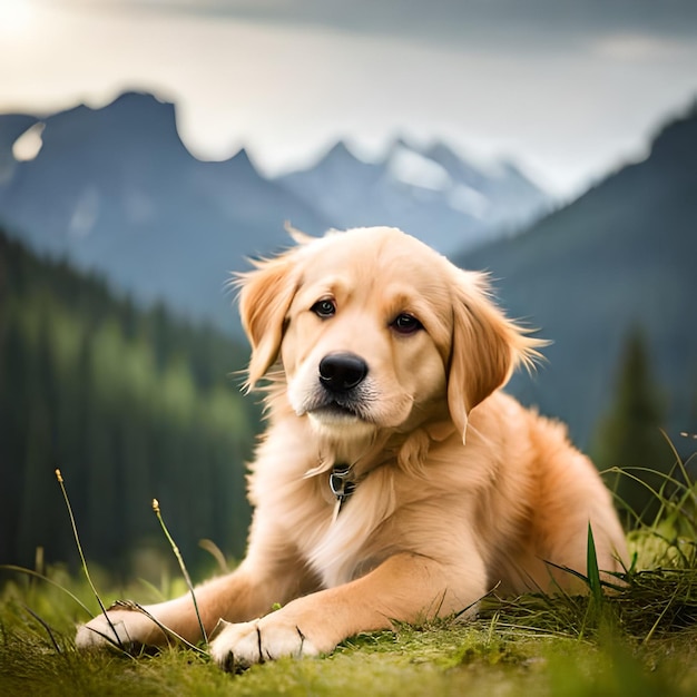Ein Hund liegt im Gras mit Bergen im Hintergrund.