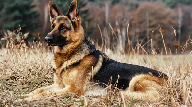 ein Hund liegt im Gras mit einem Wald hinter sich