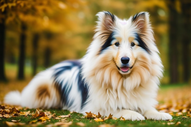 Ein Hund liegt im Herbst im Gras