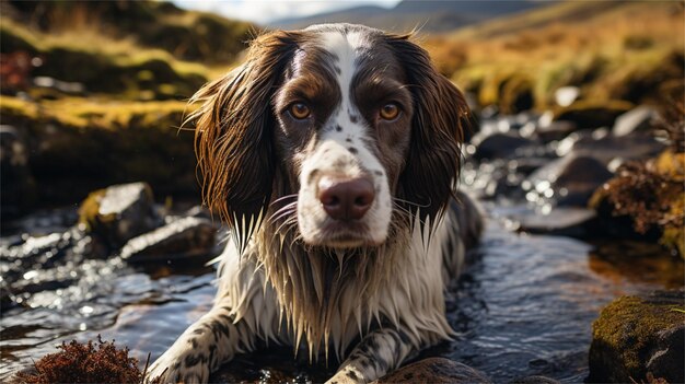 Ein Hund liegt im Wasser im Wald.