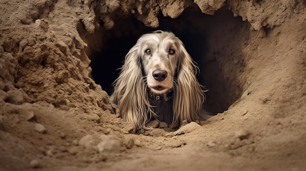 Ein Hund liegt in einem Loch im Sand