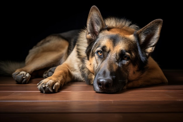 Ein Hund liegt mit dem Kopf auf dem Boden auf einem Holzboden