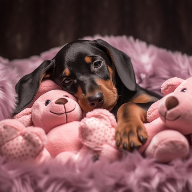 Ein Hund liegt mit einem Stofftier auf einer rosa Decke