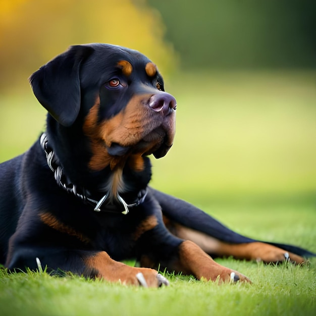 Ein Hund liegt mit einer Kette um ihn herum im Gras.