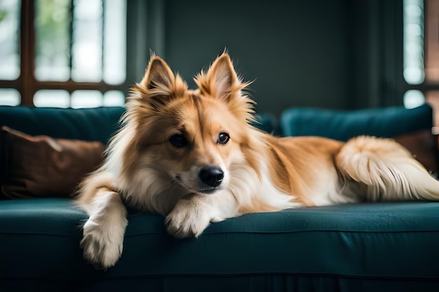 Ein Hund liegt mit gesenktem Kopf auf einer Couch