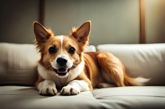 Ein Hund liegt mit offenem Maul auf einer Couch