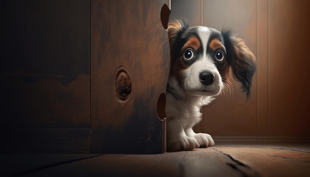 Ein Hund lugt aus einer Tür.